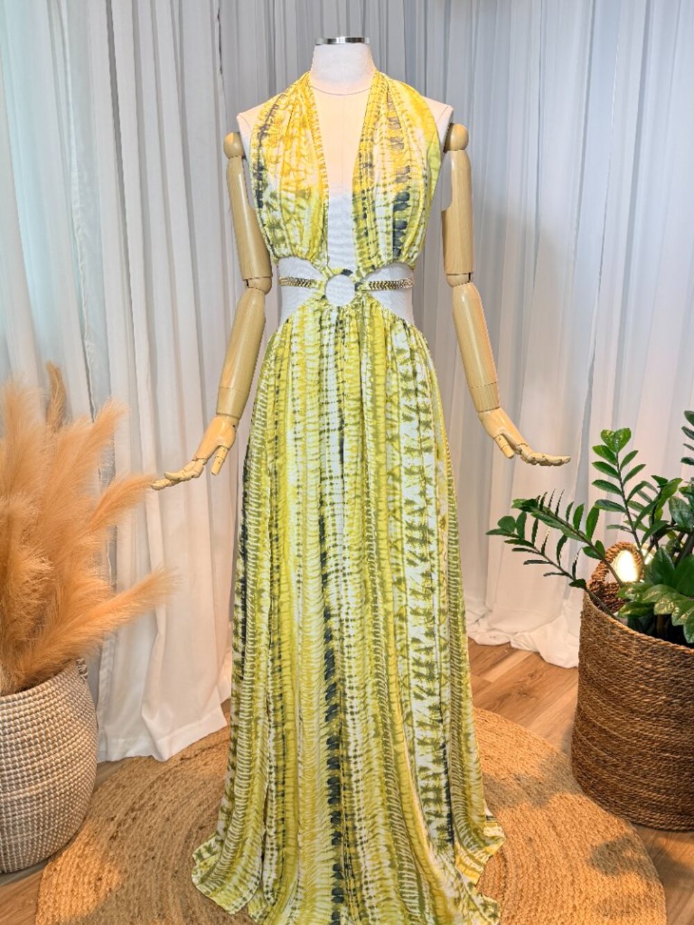 Yellow Tie Dye O-Ring Cutout Gold Belted Double Slit Maxi Dress Size L